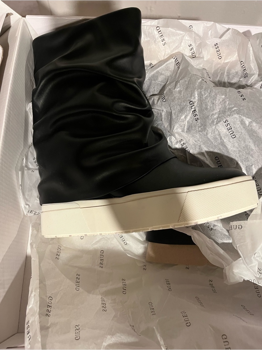 Guess Black Slouchy Ankle Boot with White Platform Sole